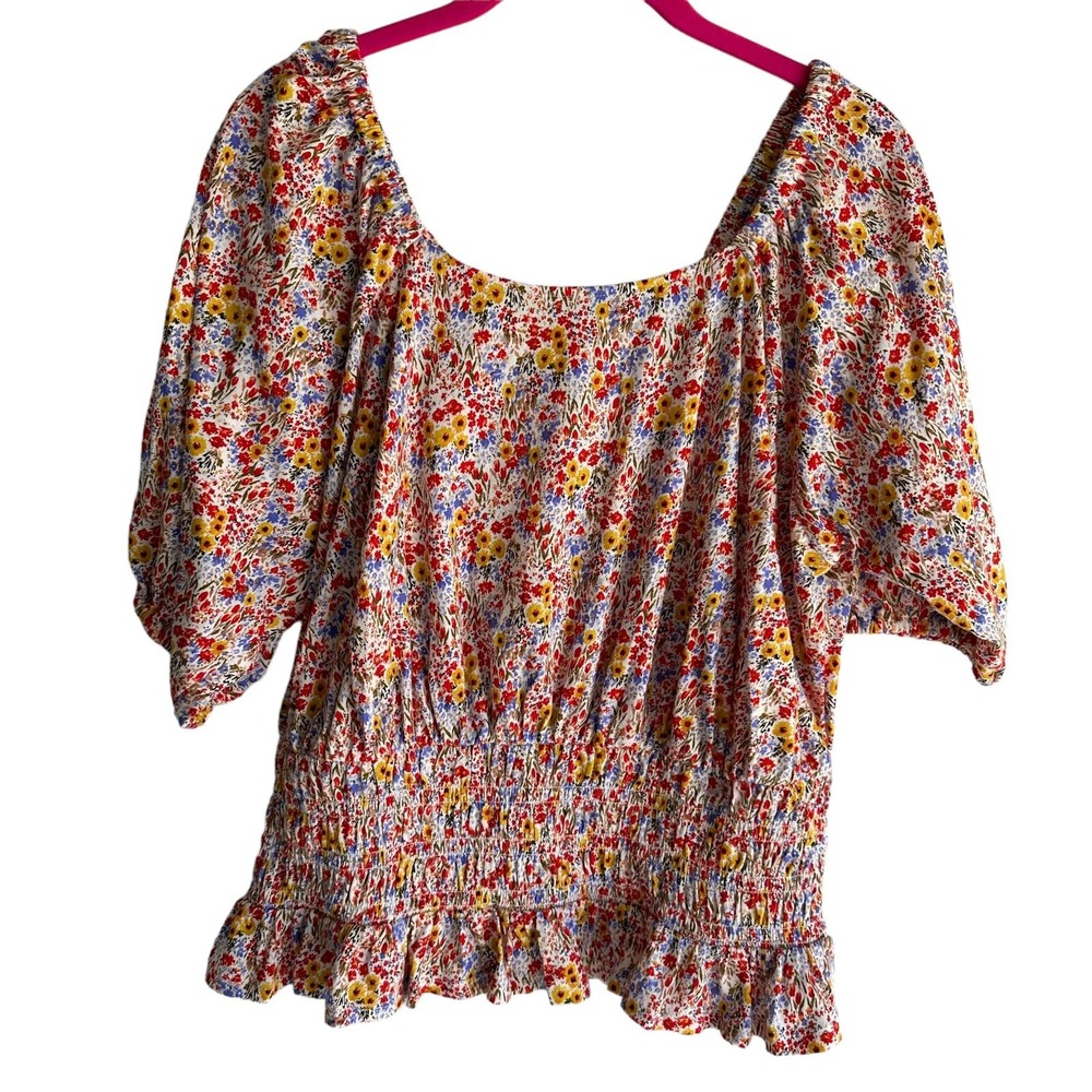 NWT LOFT Outlet Multicolor Garden Smocked Waist Square Neck Ladies Blouse, L